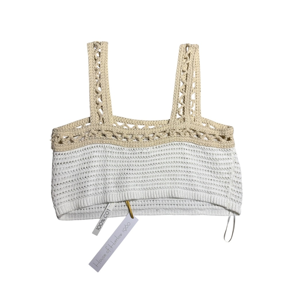 New House of Harlow 1960 White Beige Crochet Cotton Knit Crop Top Size L